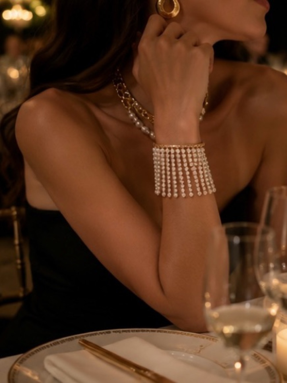 Anthropologie Gold Pearl Fringe Bracelet - White Pearls, Gold Chain